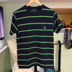 GANT Men's Black Tee with Green and Yellow Stripes